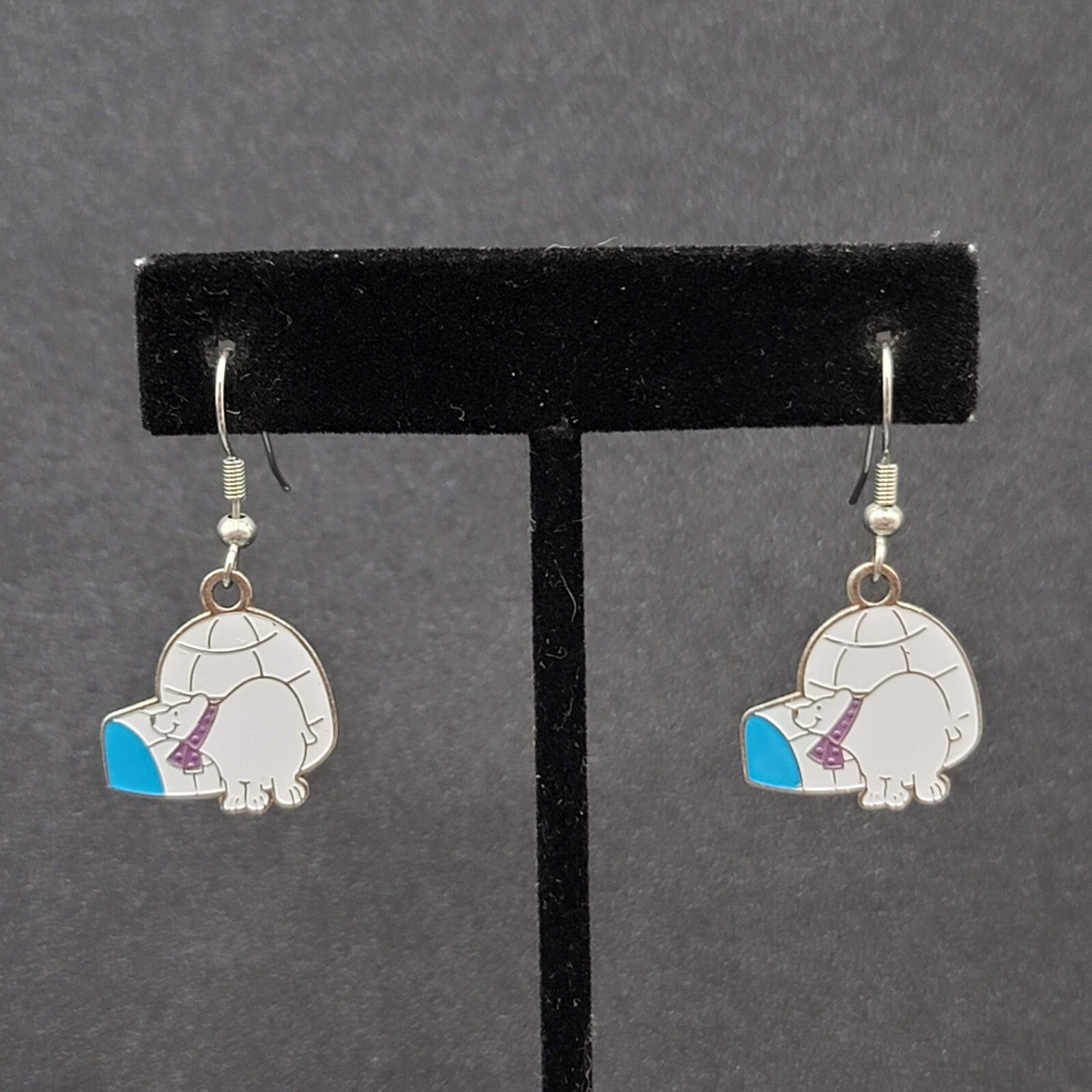 Vintage Pierced Earrings Igloo Polar Bear Dangle Enamel Silver tone Dangle 7/8"
