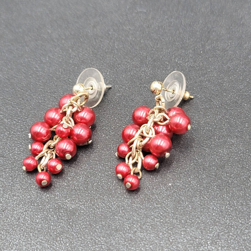 Pierced Earrings Silver tone Cluster Shiny Red Beads Dangle  1 3/8"