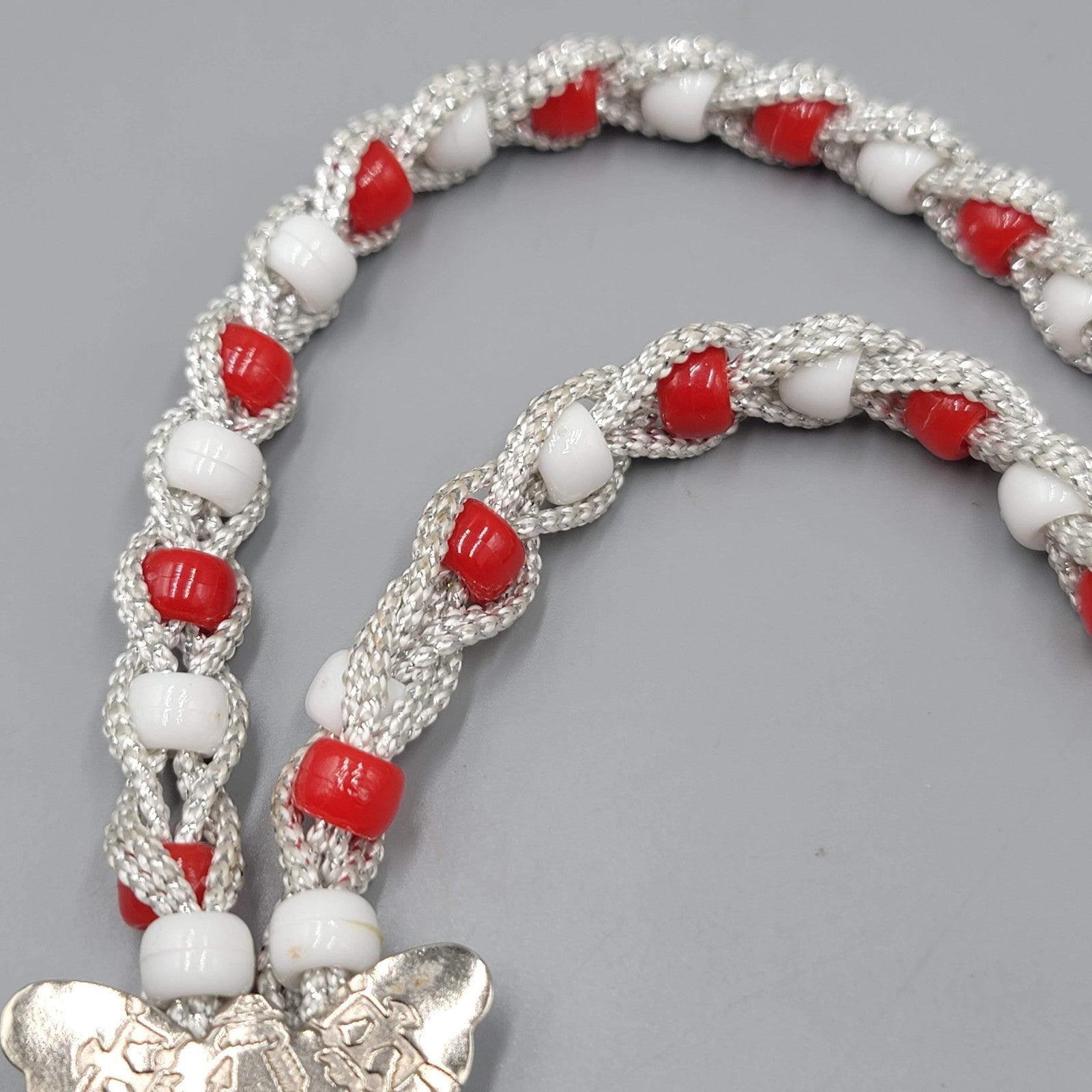 Vintage Braided Beaded Necklace Silver Cord Tassel 28" Statement Jewelry Retro