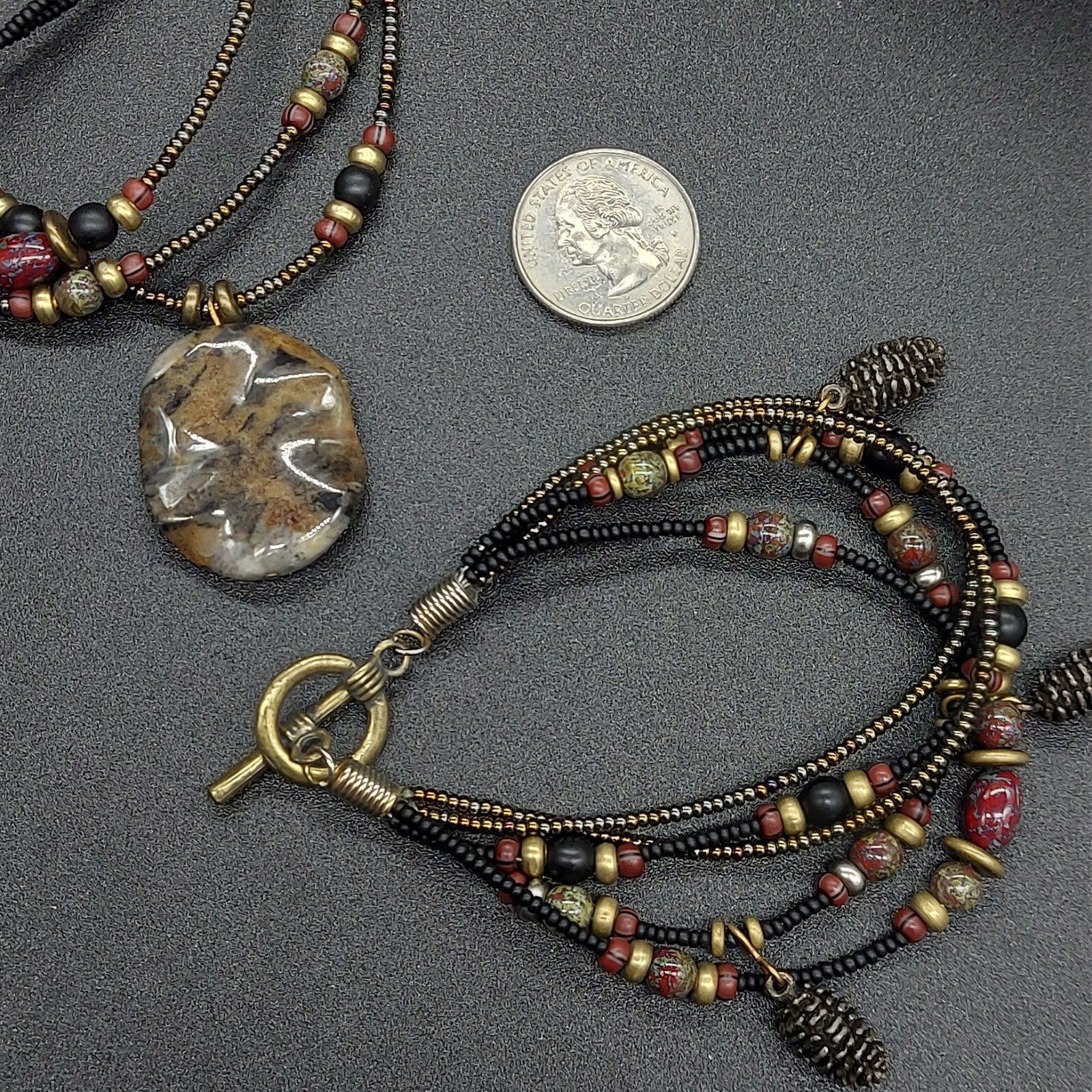 Necklace Bracelet Set Multi Strand Seed Bead Acorn Charms Stone Pendant