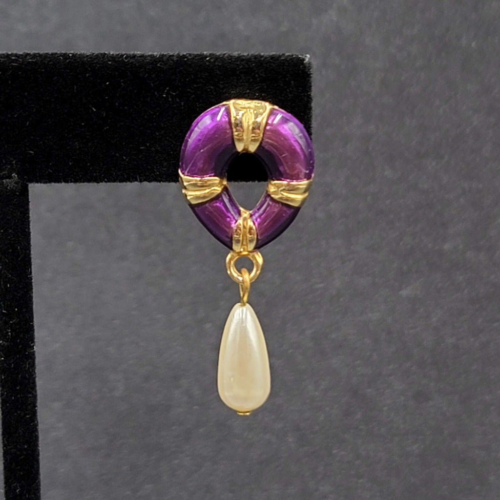 Vintage Pierced Earrings Purple Enamel Faux Pearl Teardrop Signed Dangle 1 3/8"