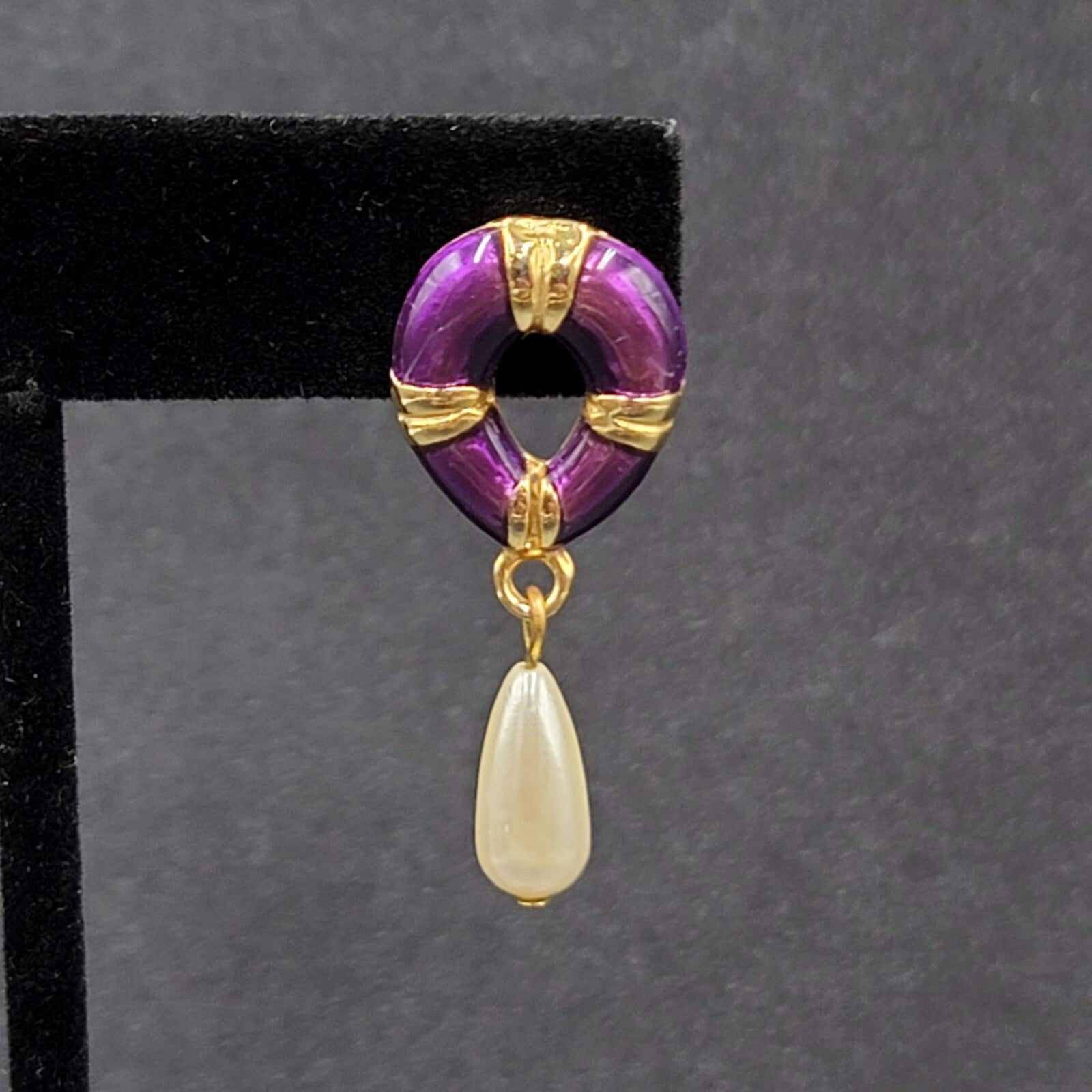 Vintage Pierced Earrings Purple Enamel Faux Pearl Teardrop Signed Dangle 1 3/8"