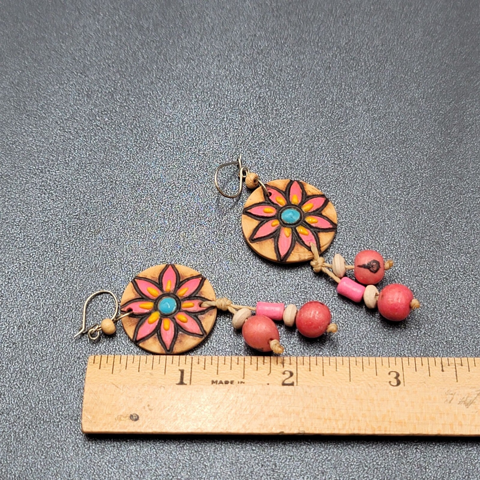 Vintage Pierced Earrings Hand Painted Carved Coconut Pink Bead Dangle 2.25"