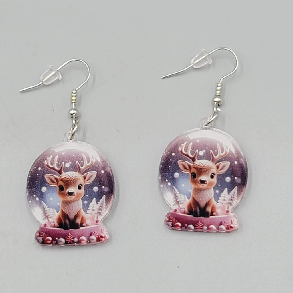 Christmas Snow Globe Reindeer Pierced Earrings Silver tone Dangle 1.25 in