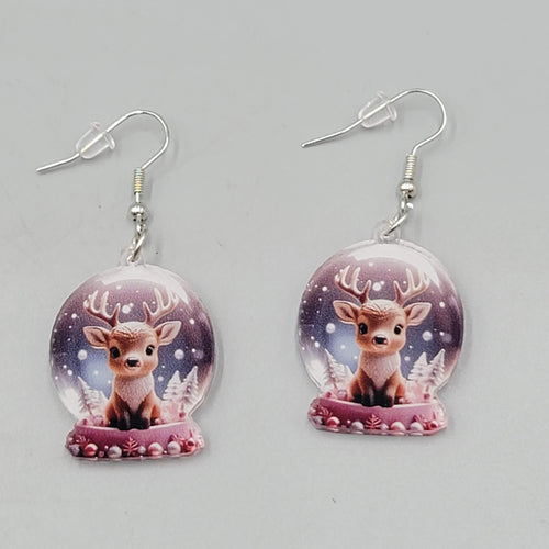 Christmas Snow Globe Reindeer Pierced Earrings Silver tone Dangle 1.25 in