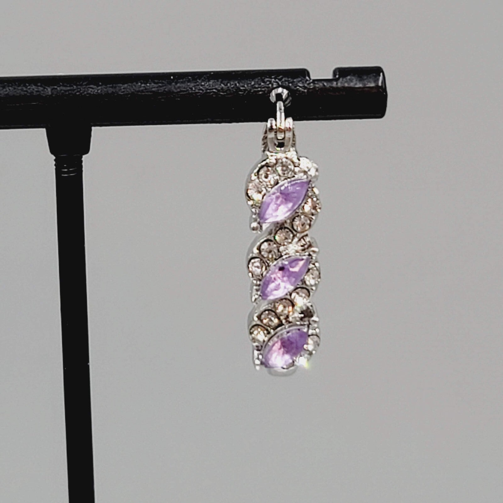 Hoop Pierced Earrings Silver tone Purple Rhinestone Dangle Hoops 1"