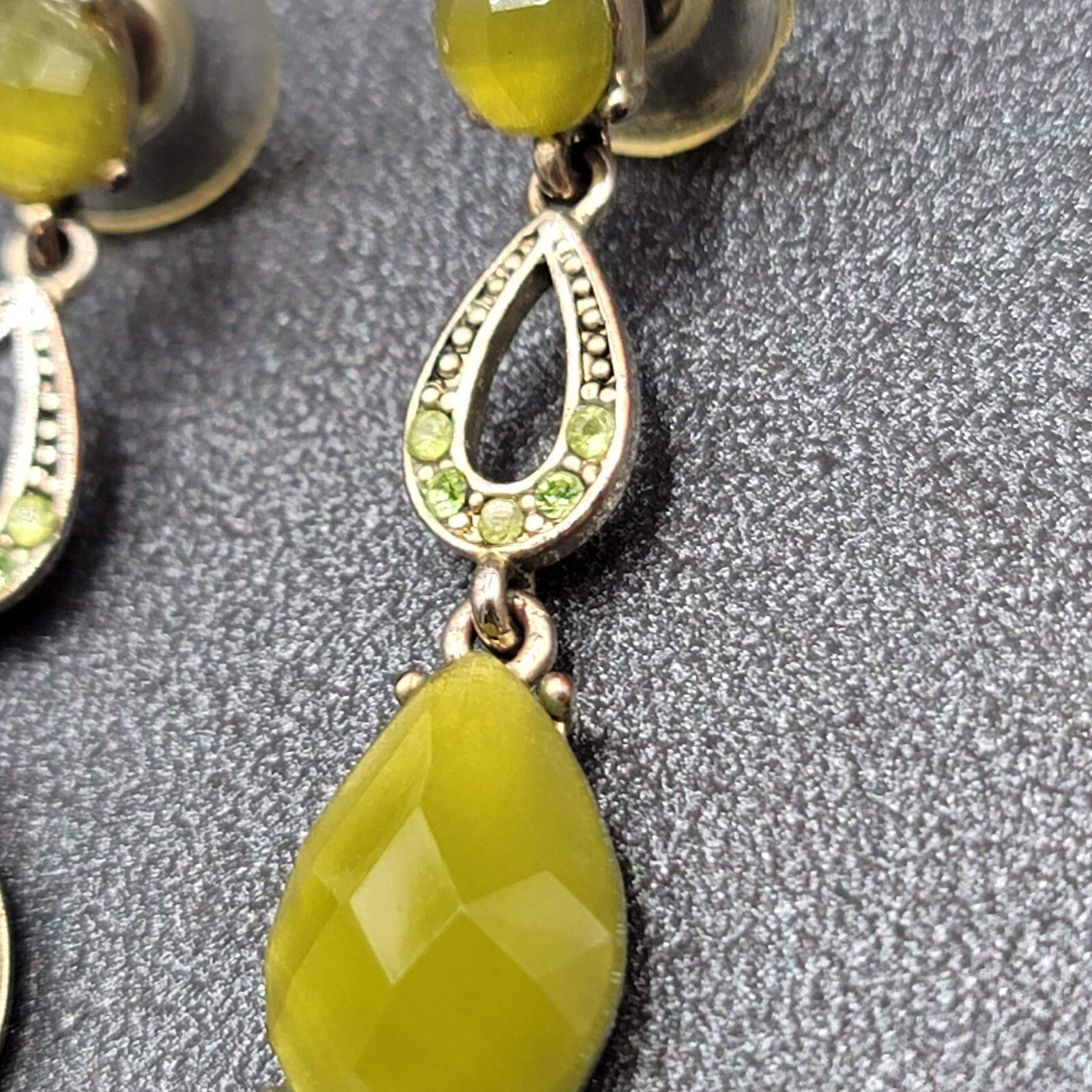 LC Pierced Earrings Silver tone Green Accents Rhinestone Dangle 1 3/8"