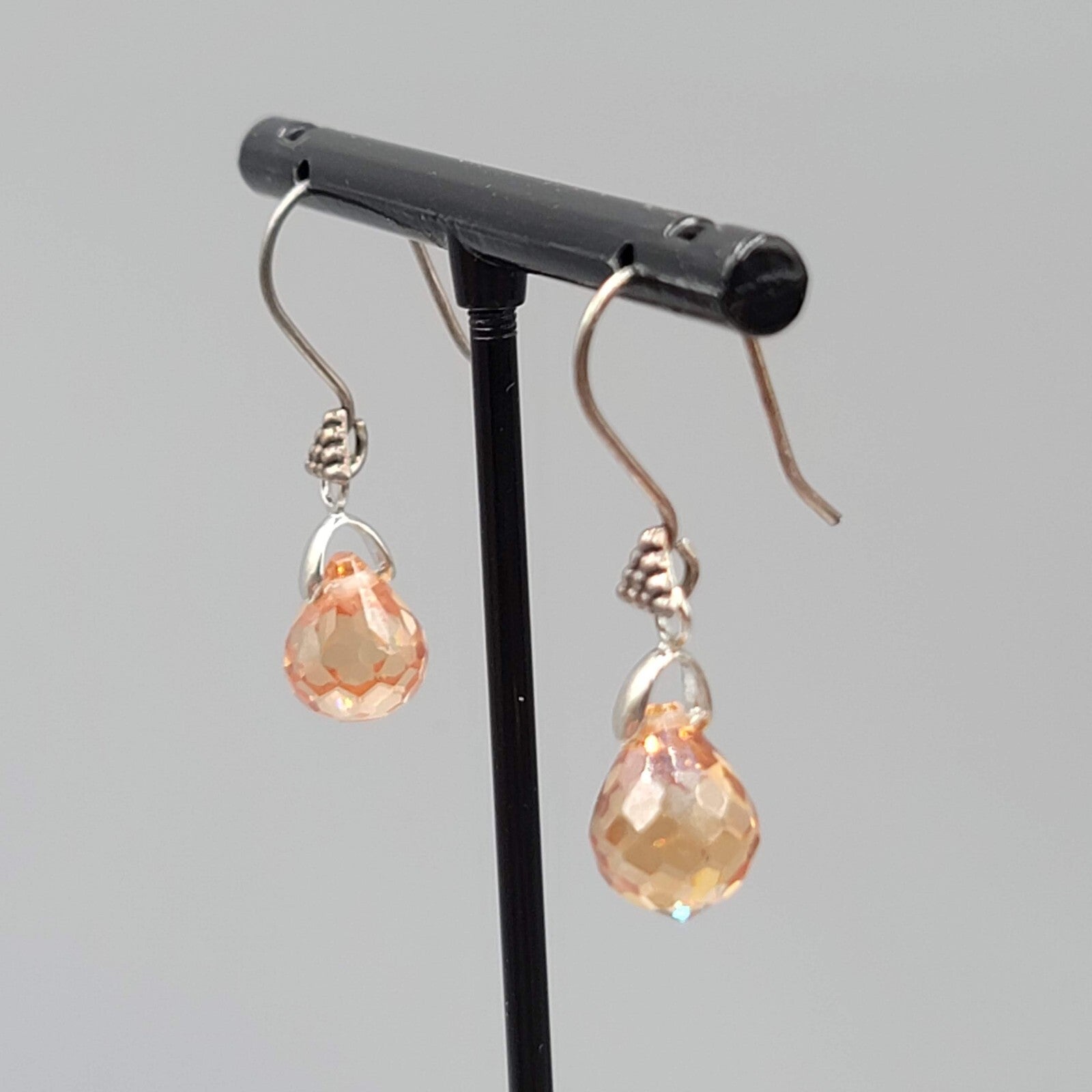 Crystal Teardrop Pierced Earrings Peach Silver tone Hooks 3/4"