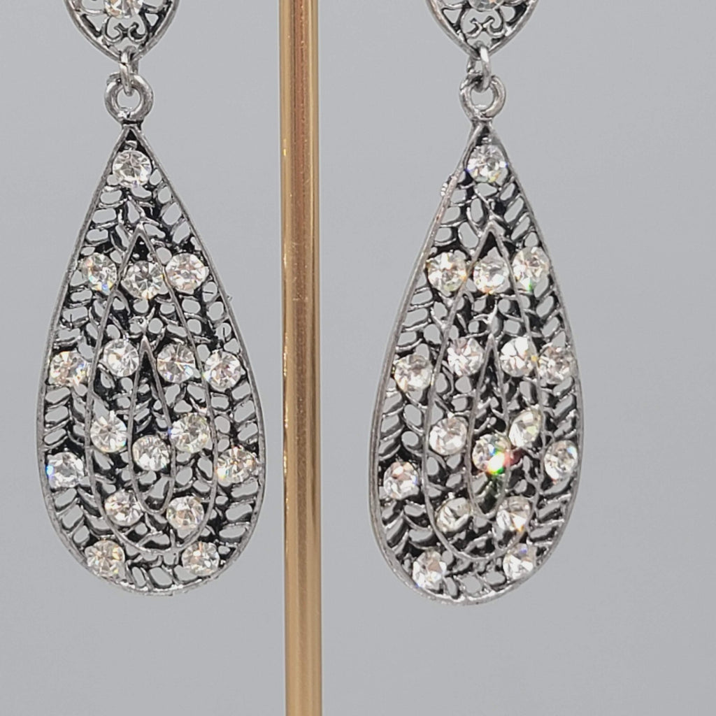 Heart Rhinestone Pierced Earrings Oxidized Silver tone Dangle Long 2.75"