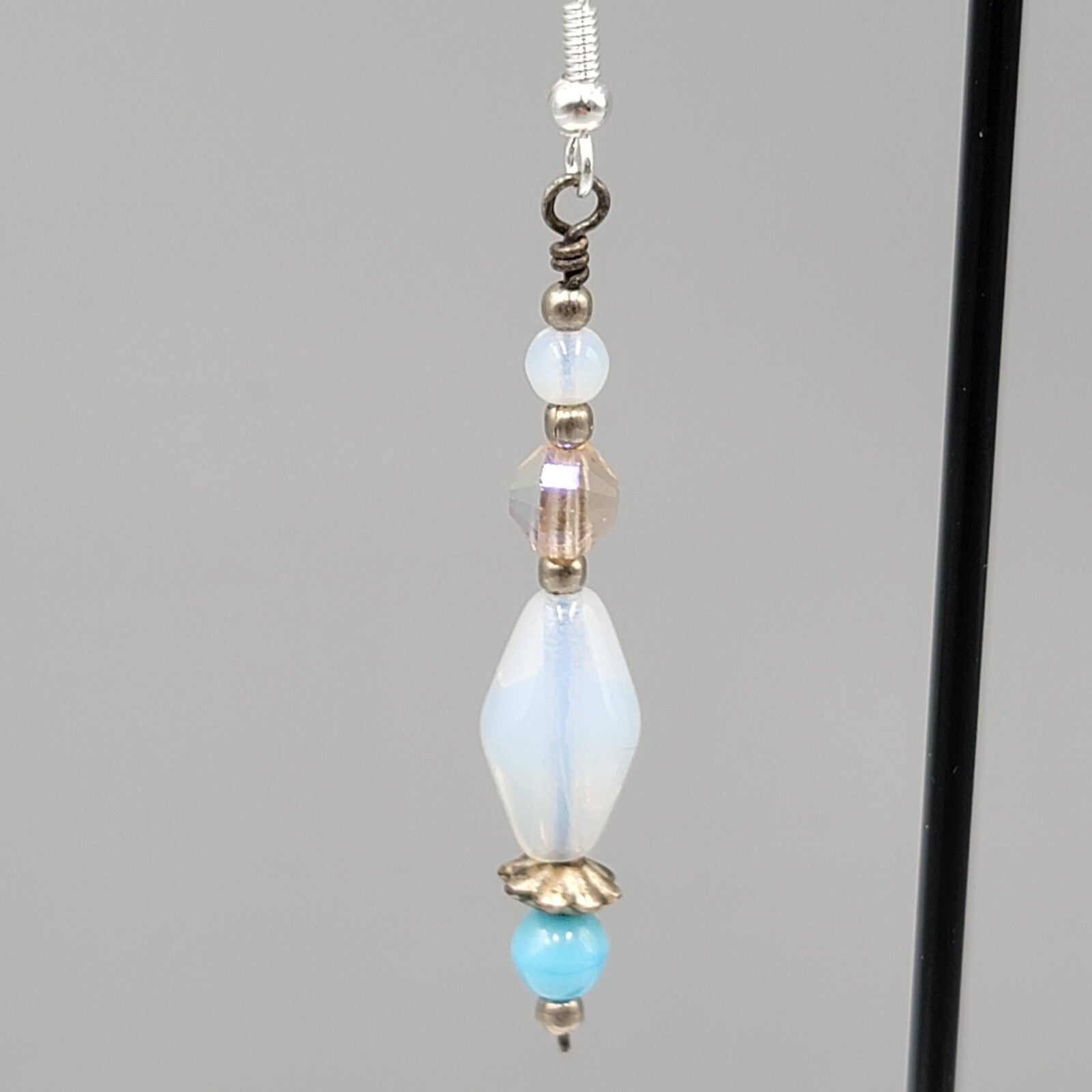 Sterling Silver Pierced Earrings Blue Iridescent Bead Dangle 1.75"