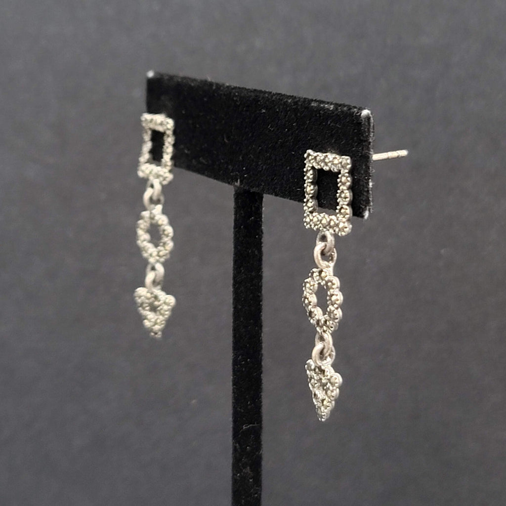 Sterling Silver Pierced Earrings Marcasite Geometric Dangle 1 3/8"