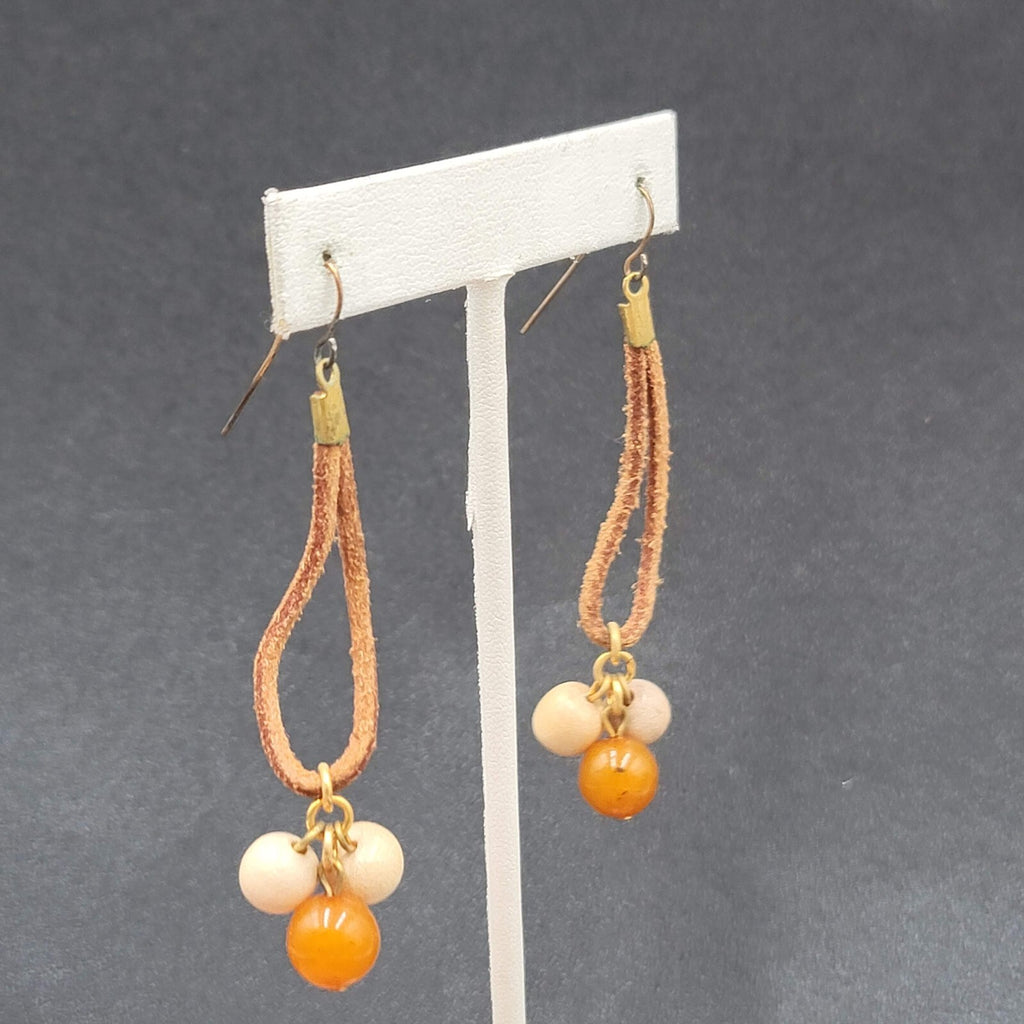 Vintage Boho Pierced Earrings Leather Stone Beaded Dangle 2.25"