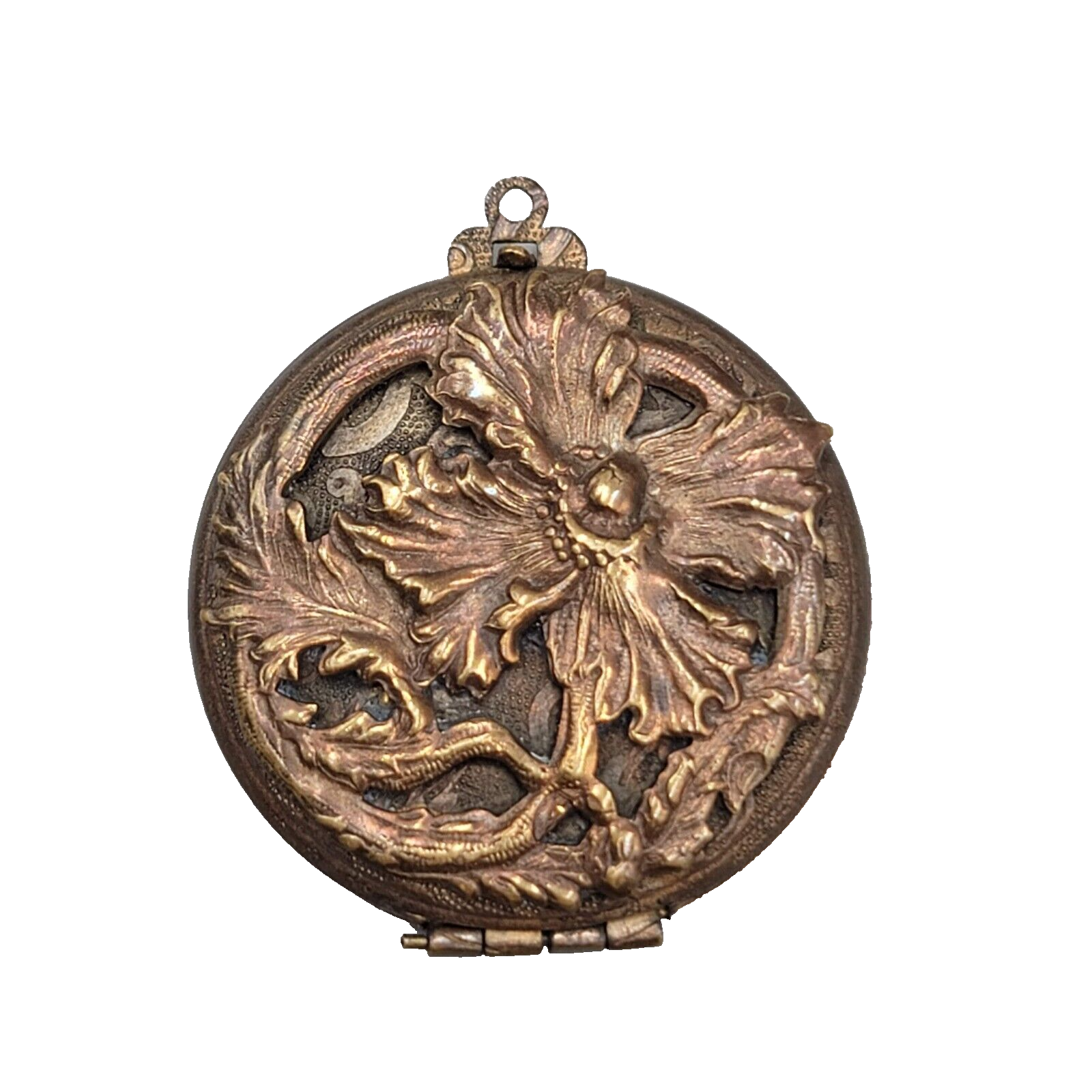 Antique Engraved Flower Double Photo Locket Pendant Bronze tone 1 5/8"