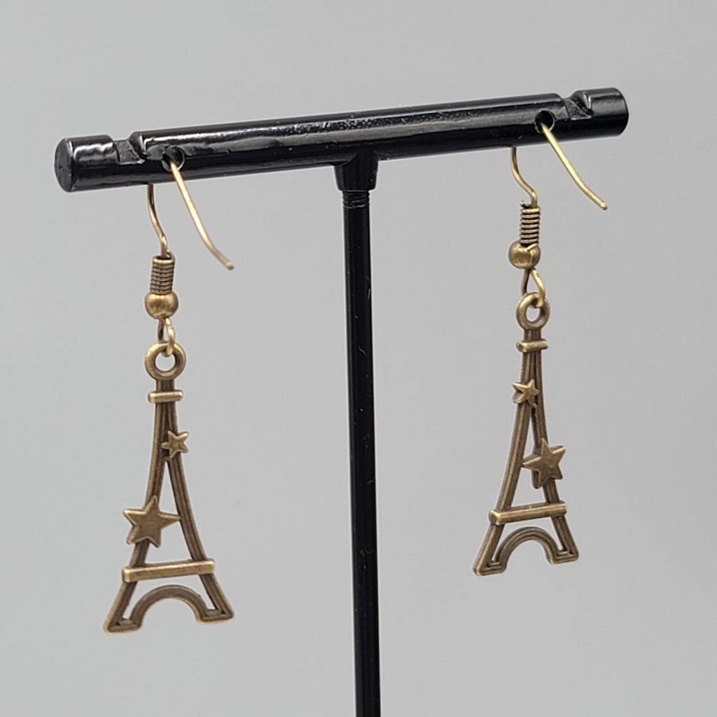 Eiffel Tower Pierced Earrings Bronze tone Stars Dangle NEW 1 1/8"