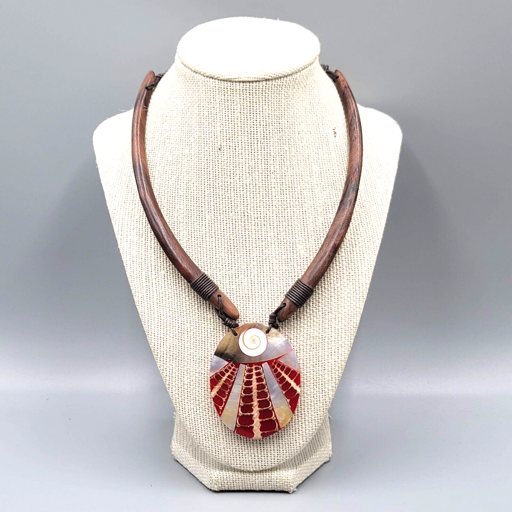 Bohemian Boho Shell Wood Necklace Unique Ethnic Tribal Adjustable Cord