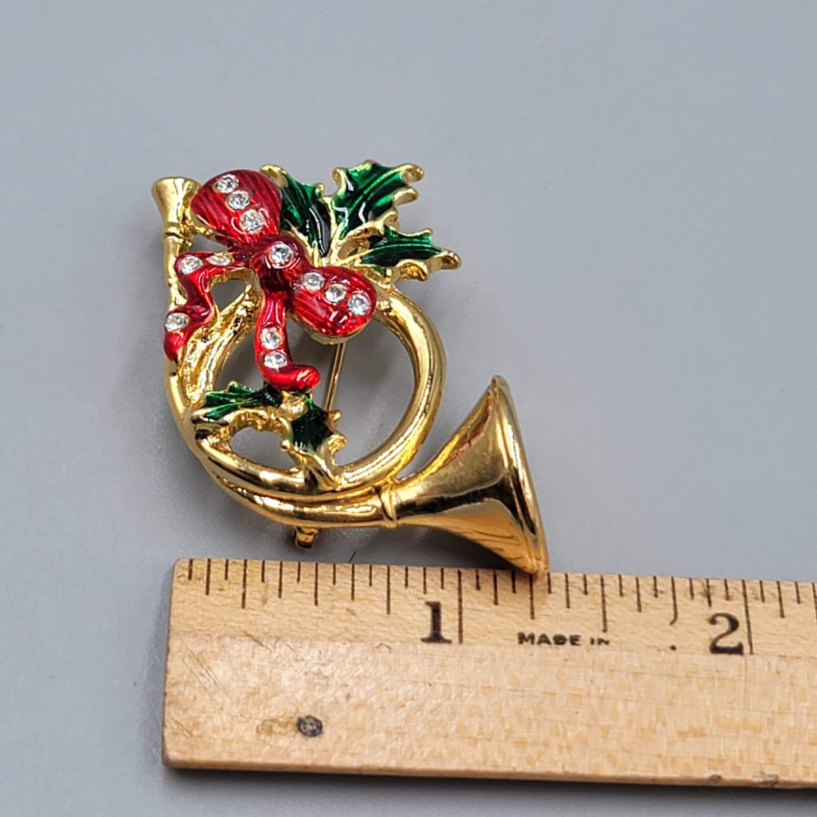 Vintage Christmas Brooch French Horn Enamel Rhinestone Gold Plated 1.75"