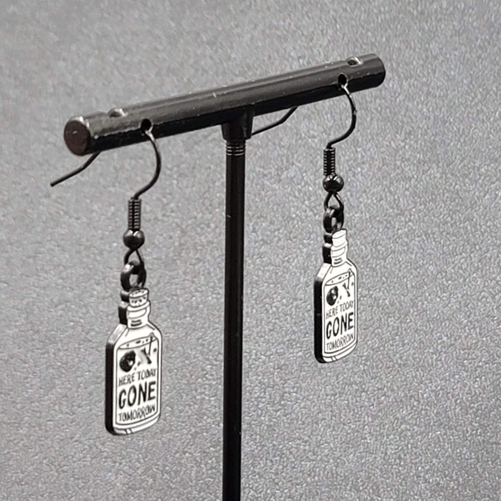 Poison Pierced Earrings Black White Enamel Dangle Here Today Gone Tomorrow 7/8"
