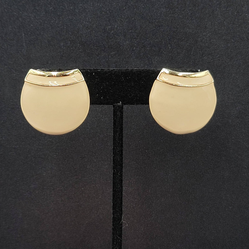 Vintage Pierced Earrings Gold tone White Enamel Statement 1"