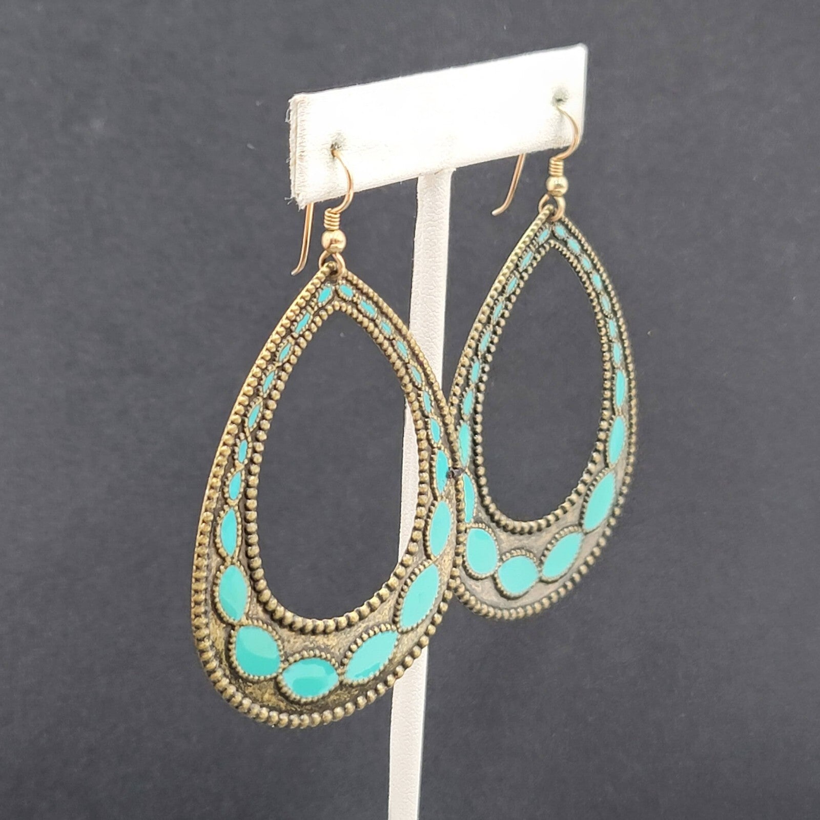 Pierced Earrings Bronze tone Blue Enamel Teardrop Hoops Large Dangle 2.75"