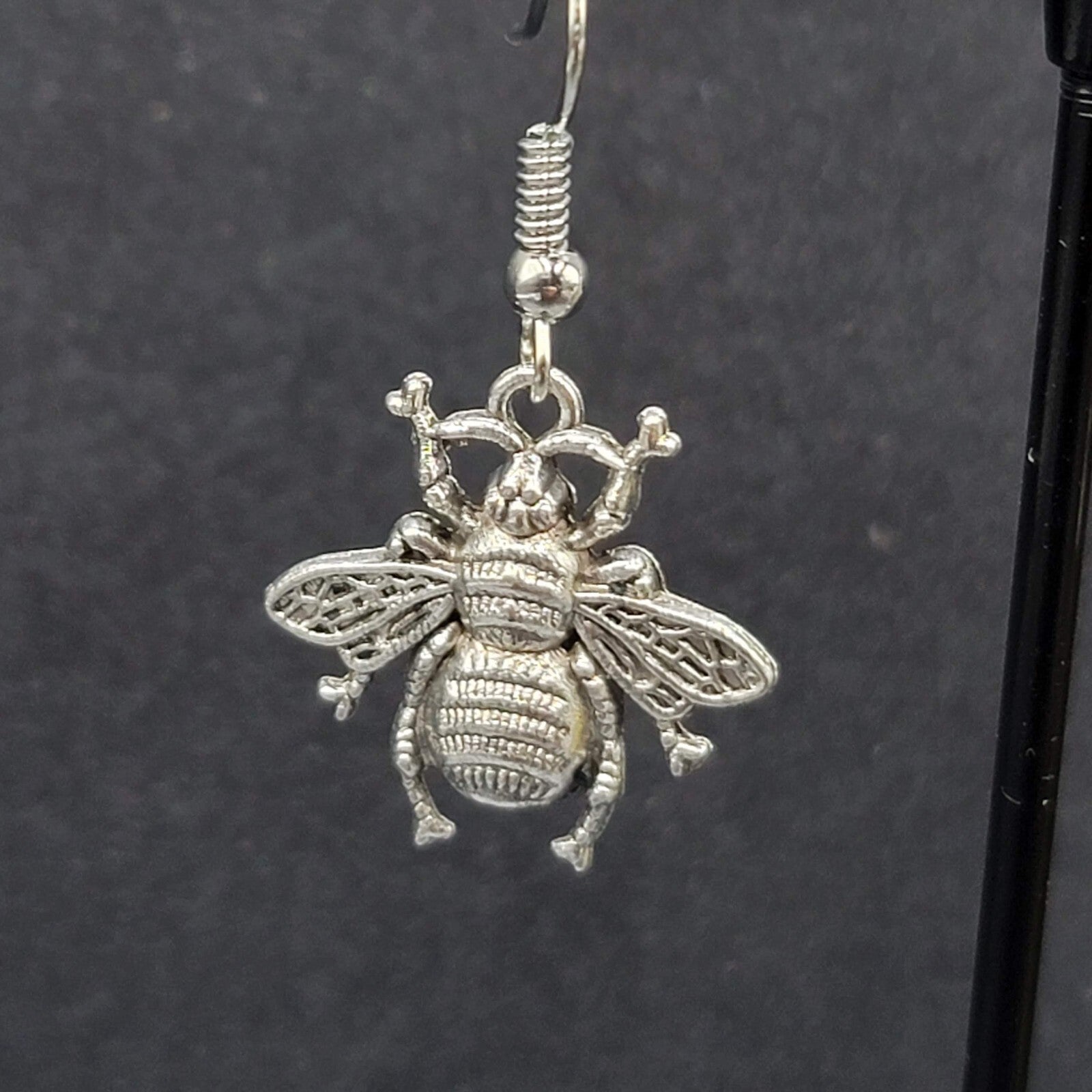 Bee Pierced Earrings Silver tone Fuzzy Embossed Dangle 7/8"