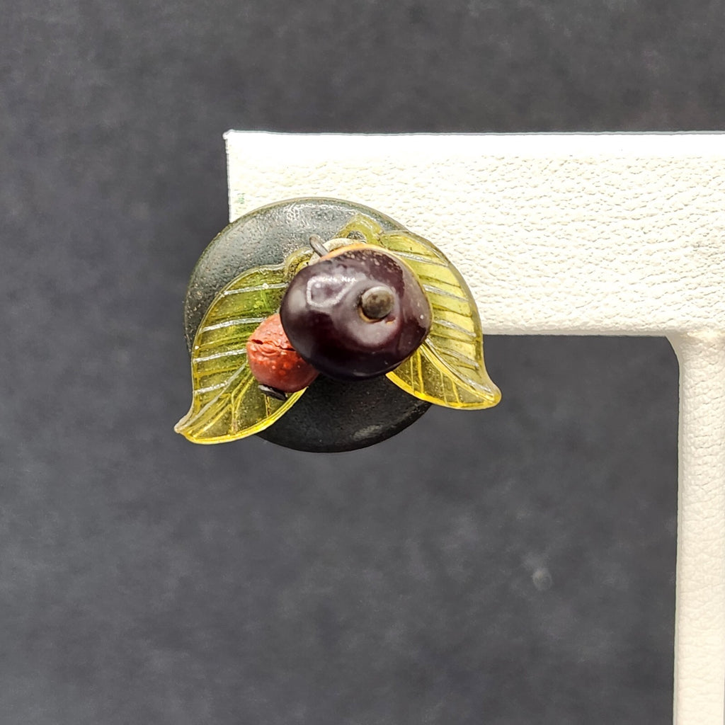 Vintage Clip on Earrings Green Seed and Acrylic Leaves Dangle Studs 3/4"