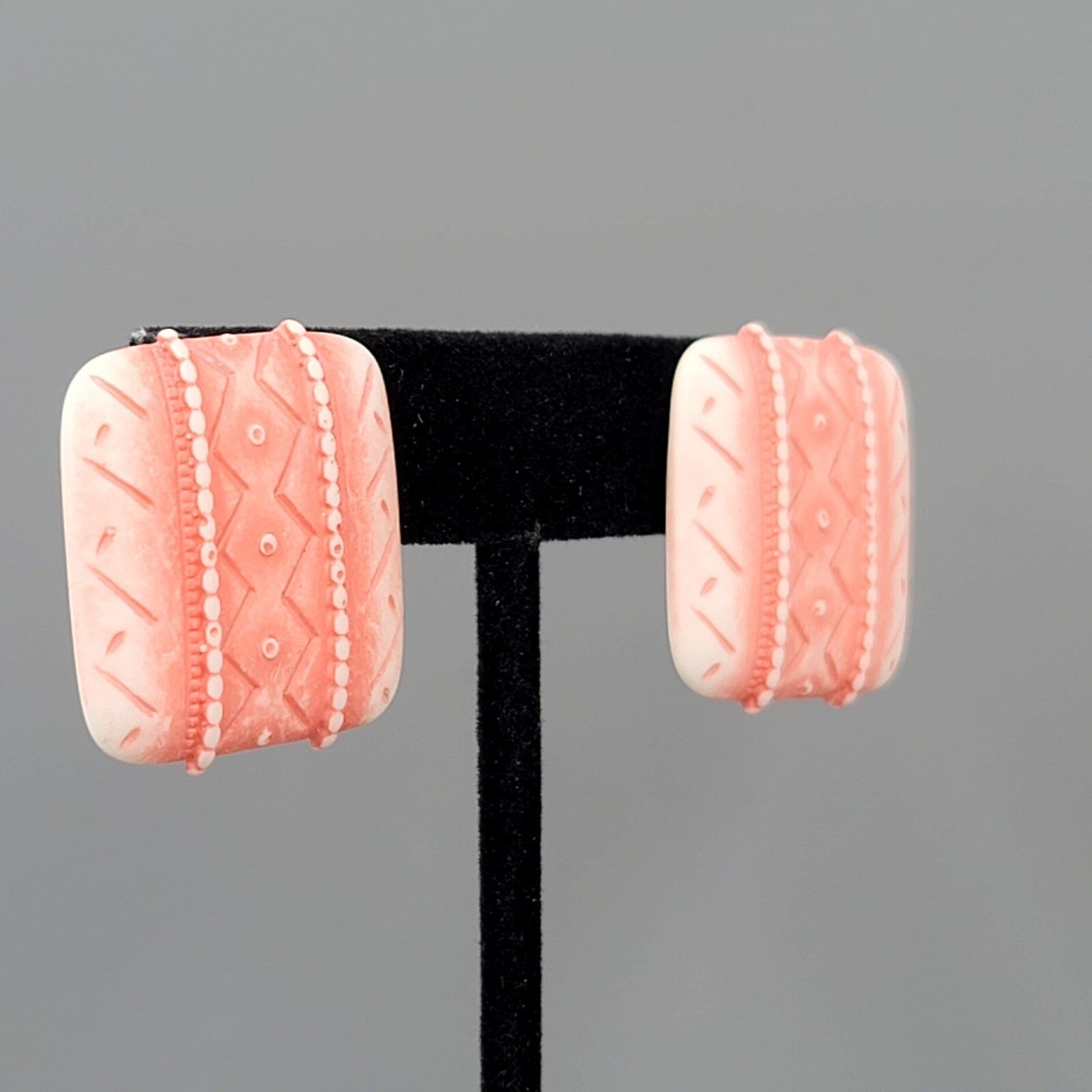 Vintage Salmon Pink White Pierced Earrings Embossed Square Drop 1"