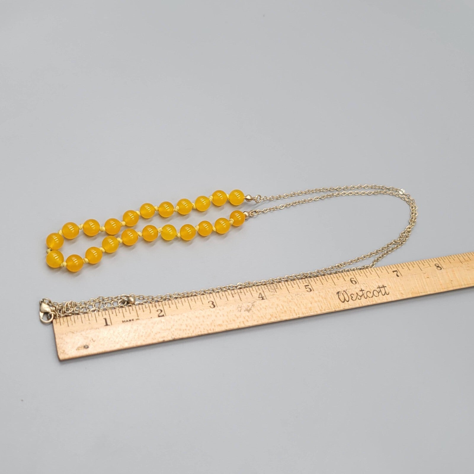 Yellow Glass Bead Hand Knotted Necklace Gold tone Long Chain 34"-37"