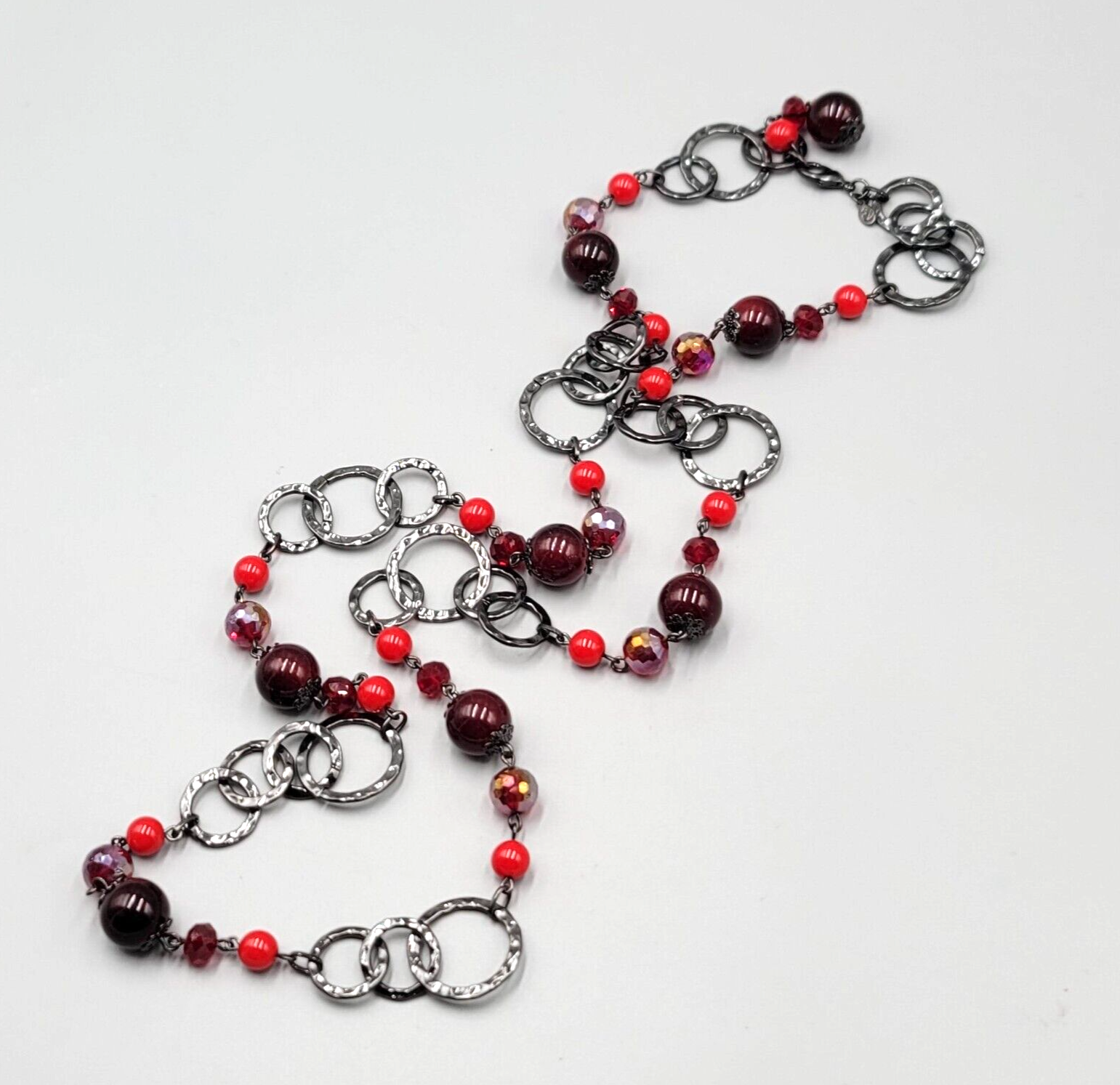 Premier Designs Necklace Black Metal Red Bead Statement Long 38"