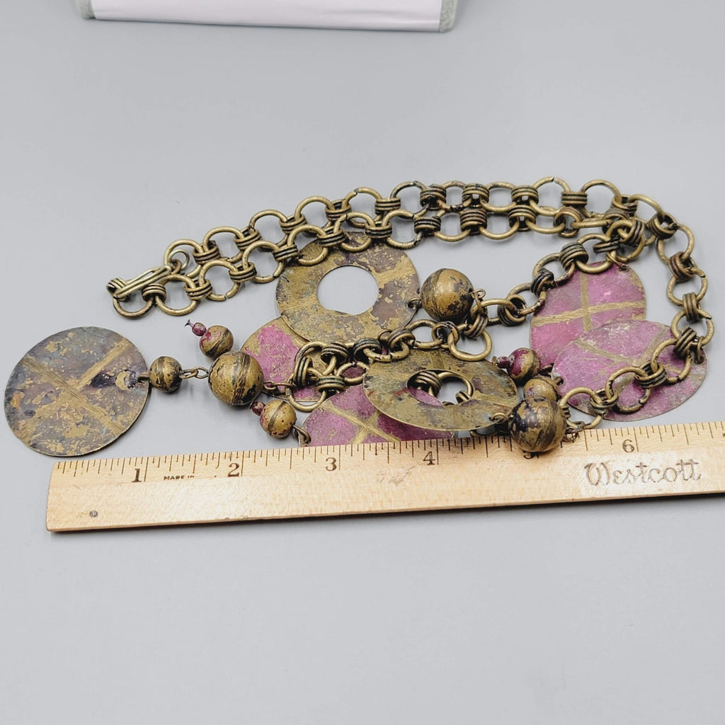 Vintage Artisan Ethnic Necklace Brass Pink Painted Metal Chain Artistic 24"