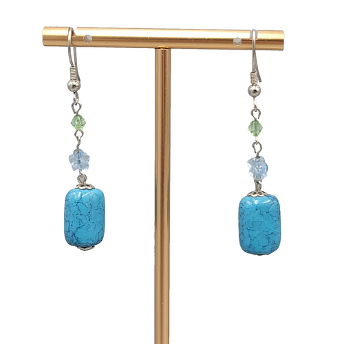Blue & Green Bead Pierced Earrings Silver tone Dangle  1.5 in