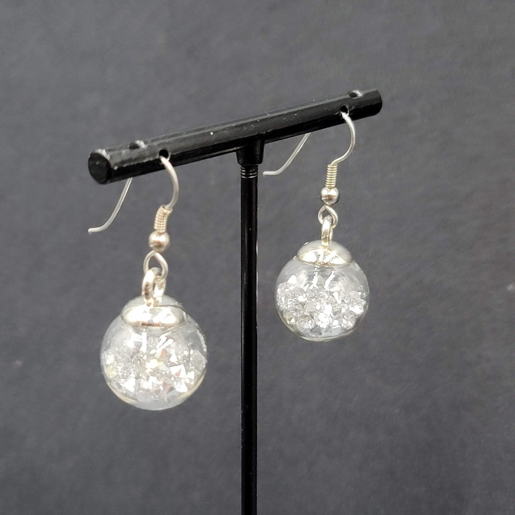 Pierced Earrings Silver tone Loose Clear Rhinestones Filled Sphere Dangle 3/4"