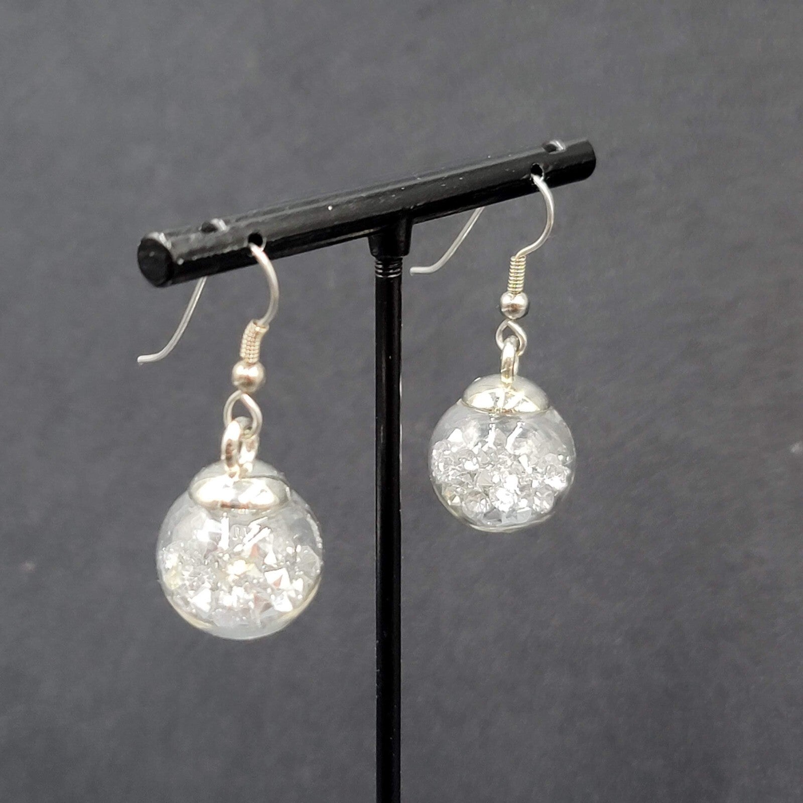 Pierced Earrings Silver tone Loose Clear Rhinestones Filled Sphere Dangle 3/4"