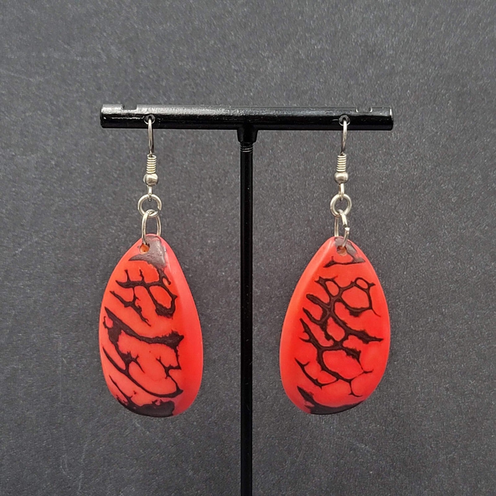 Pierced Earrings Red Dyed Tagua Nut Dangle Silver tone 1.75"
