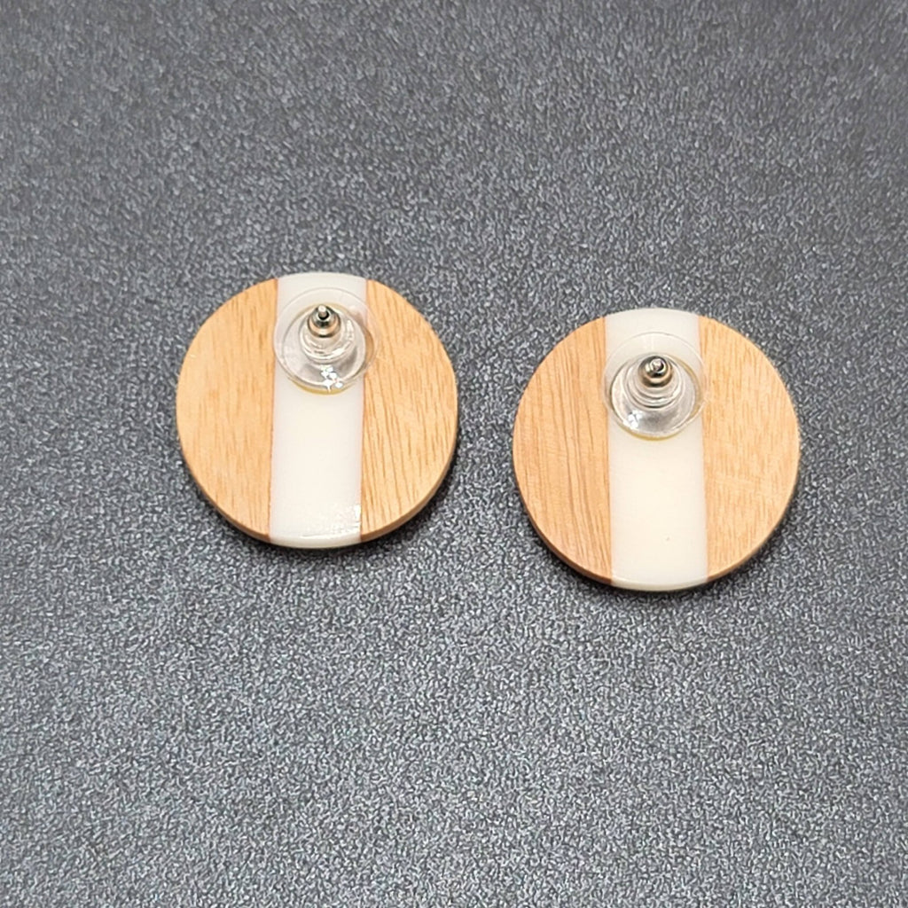 Pierced Earrings Wood White Resin Stripe Round 1 1/8"