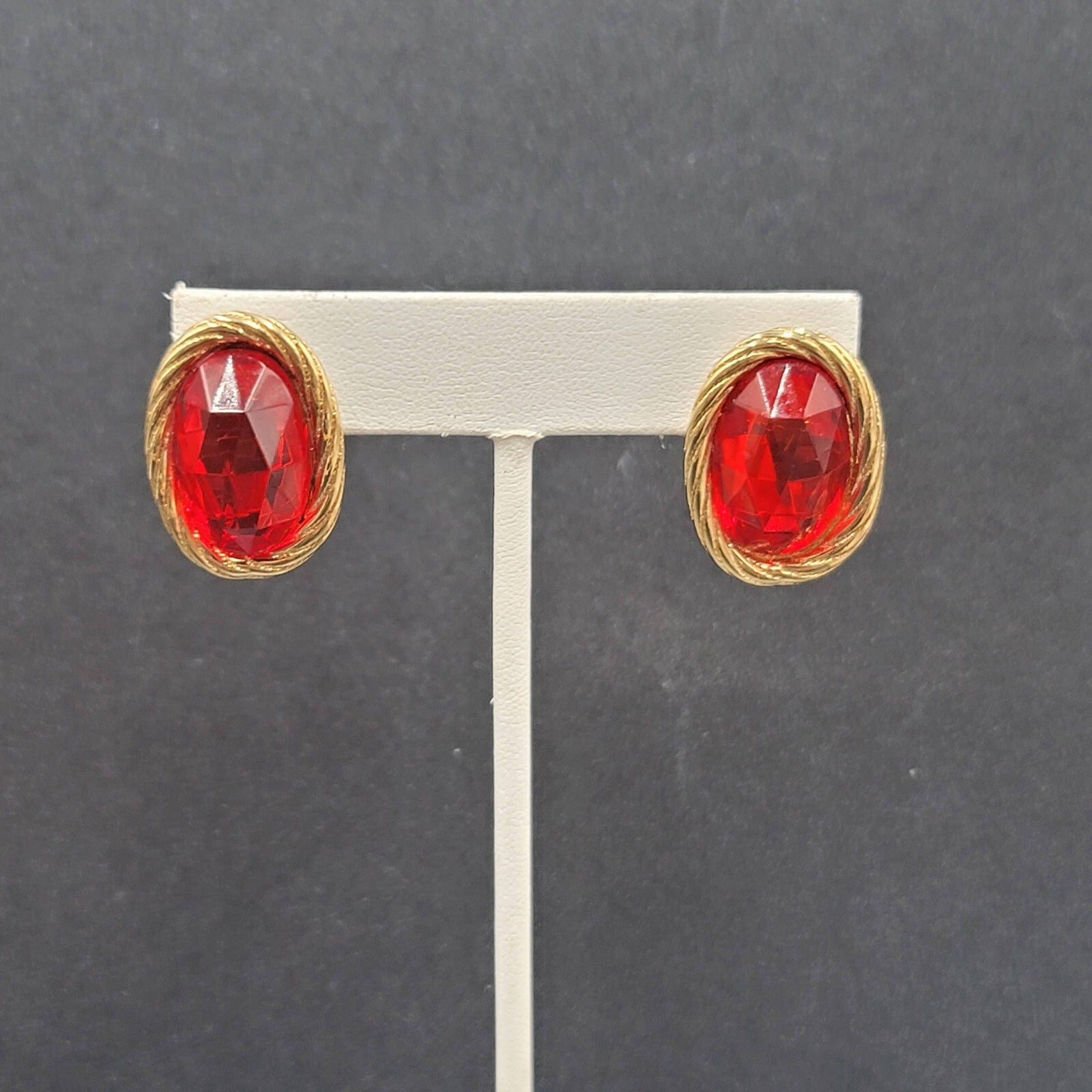Vintage Pierced Earrings Gold Plated Red Faceted Glass Drop 1"