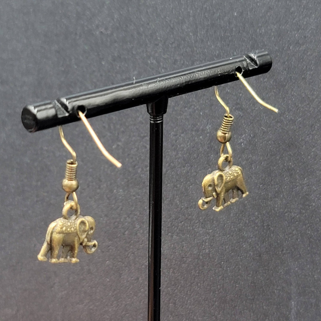 New Elephant Pierced Earrings Embossed Bronze tone Dangle 1/2"