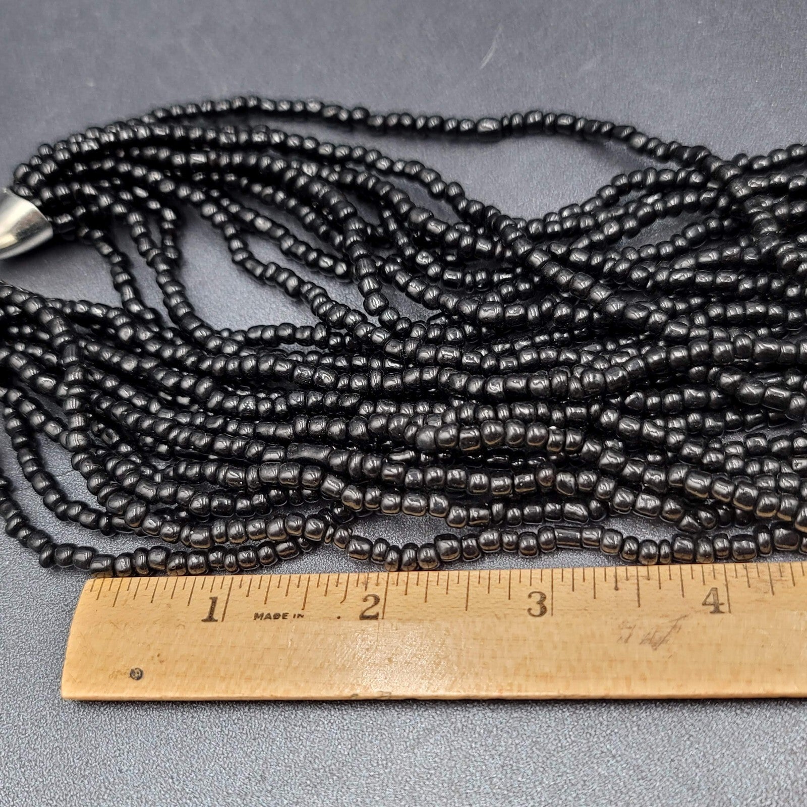 Black Glass Seed Bead 12 Strand Necklace Silver tone 20"-22.5"