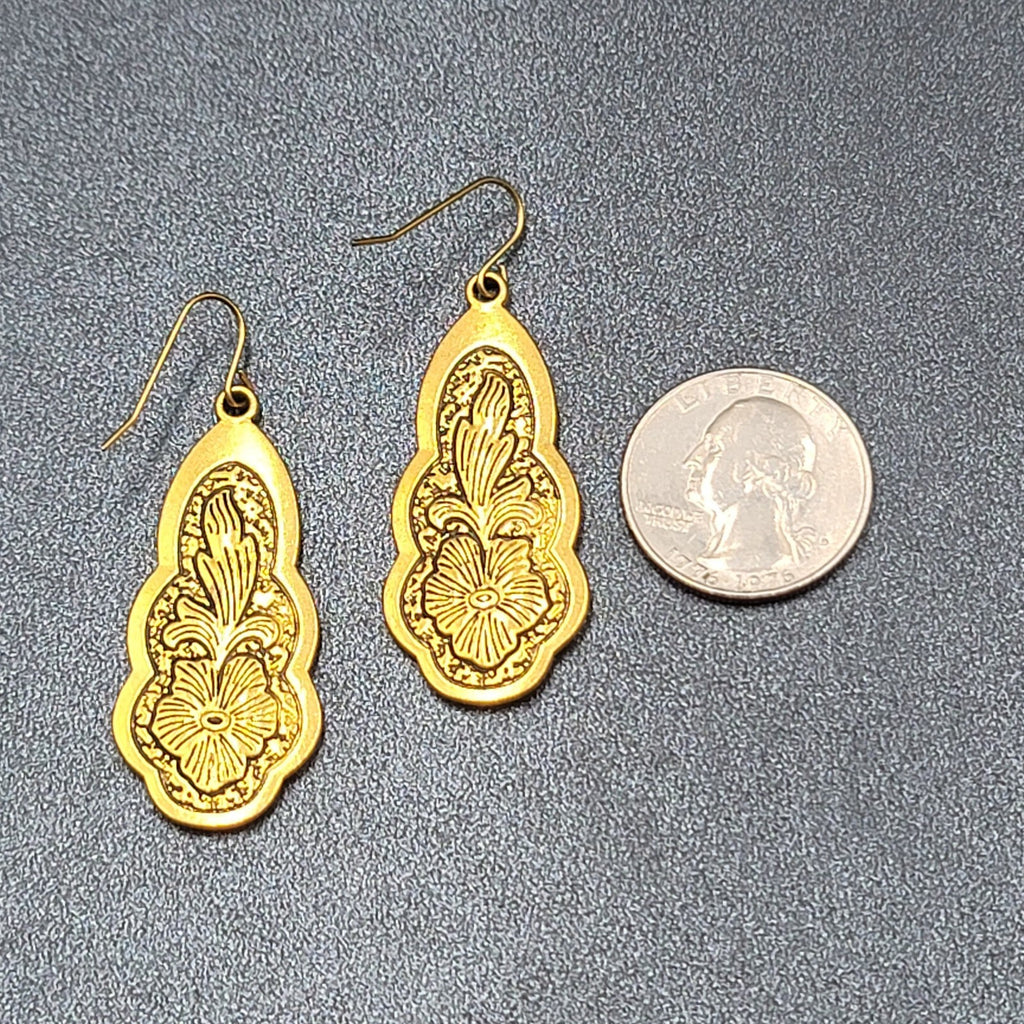 Pierced Earrings Gold Plated Black Embossed Flowers Dangle 1.75"