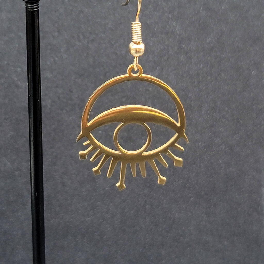 New Evil Eye Pierced Earrings Sun Rays Gold Plated Statement Dangle 1"