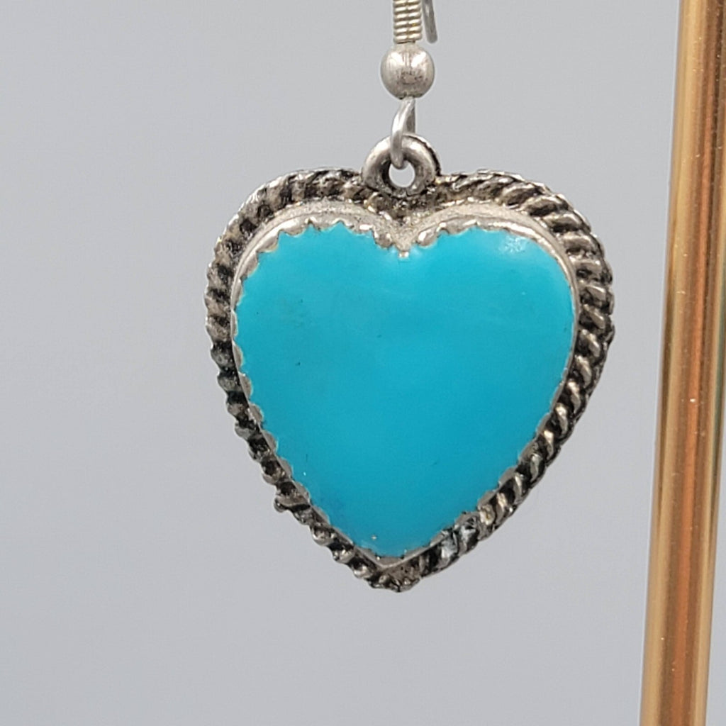 Vintage Heart Pierced Earrings Blue Enamel Southwest Statement Dangle  1 1/8"