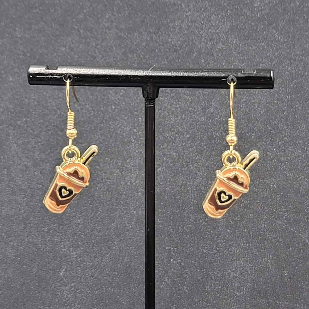 Smoothie Pierced Earrings Shake Coffee Gold tone Dangle Enamel 3/4"