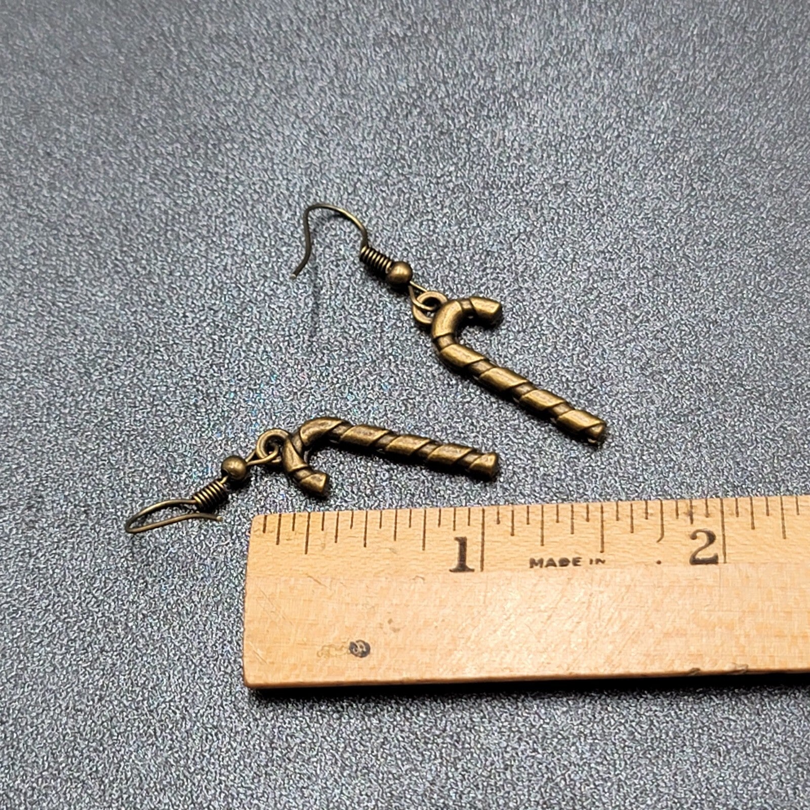 Candy Cane Pierced Earrings Embossed Bronze tone Dangle 1"