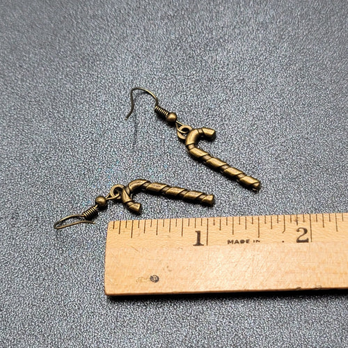 Candy Cane Pierced Earrings Embossed Bronze tone Dangle 1"