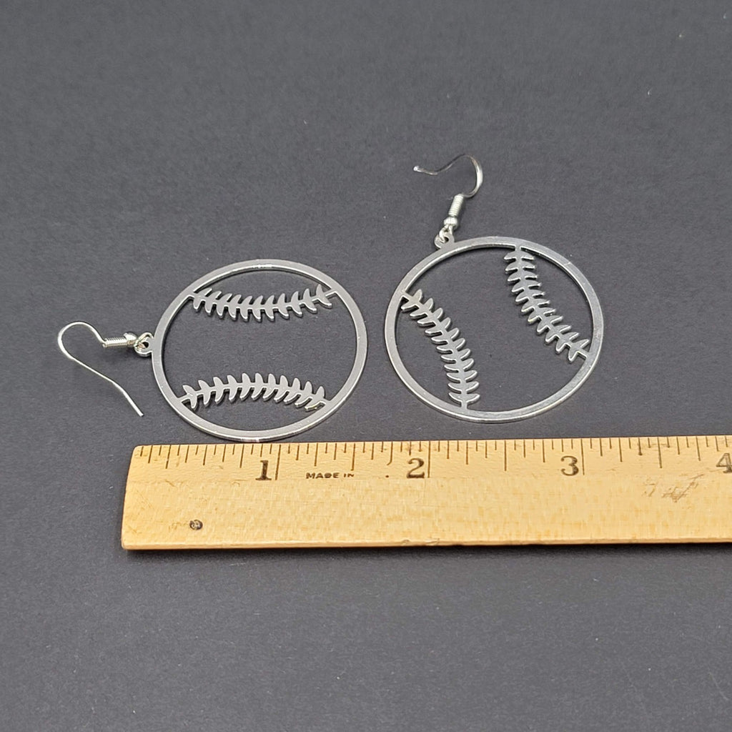 Baseball Pierced Earrings Open Work Silver tone Dangle 1 5/8"