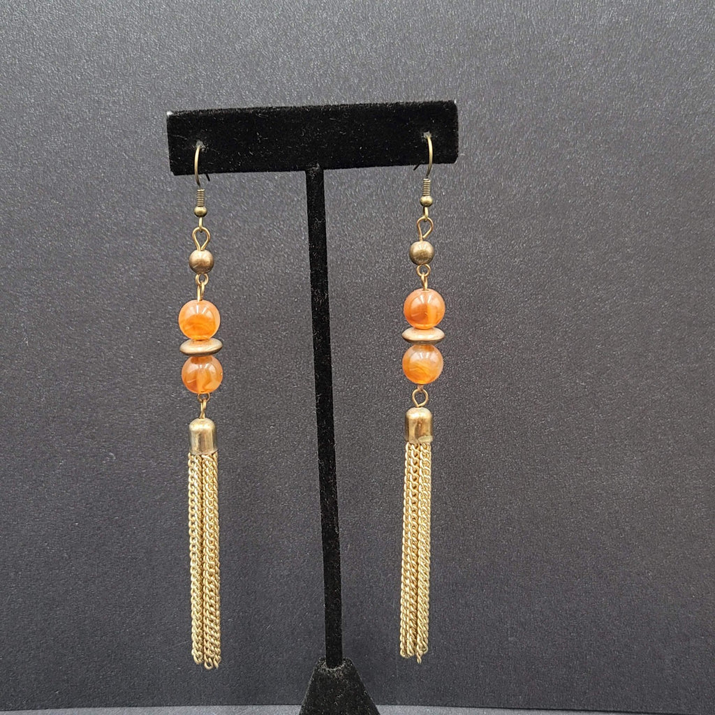 Pierced Earrings Gold tone Multi Chain Orange Bead Extra Long Dangle 4"
