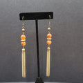Pierced Earrings Gold tone Multi Chain Orange Bead Extra Long Dangle 4"