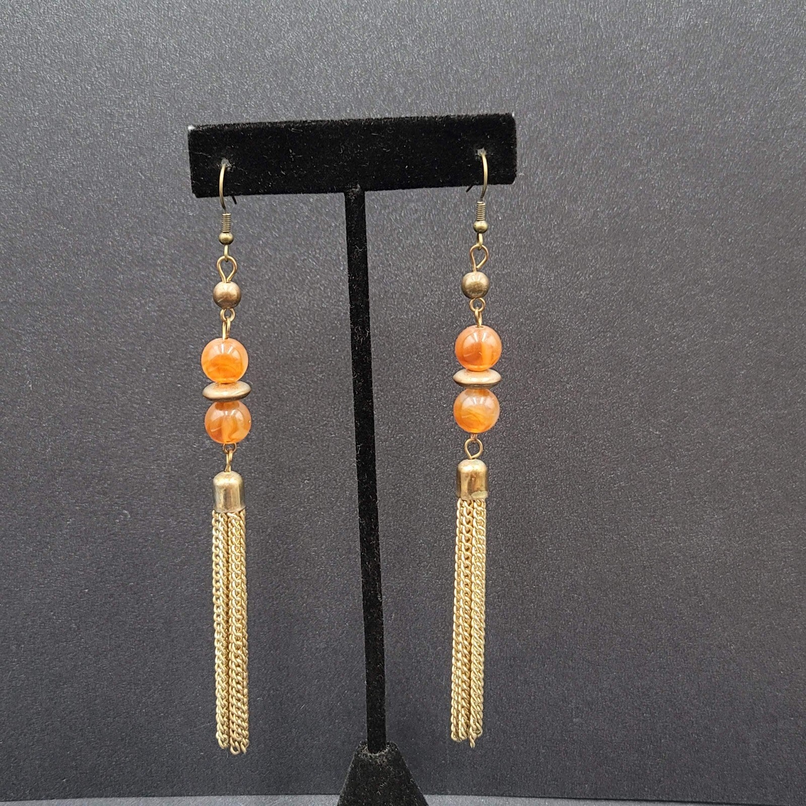 Pierced Earrings Gold tone Multi Chain Orange Bead Extra Long Dangle 4"