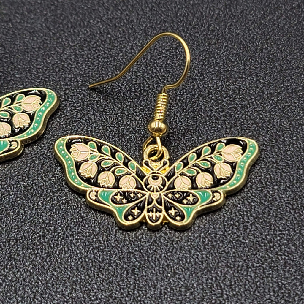 Moth Pierced Earrings Gold tone Green Pink Black Enamel Dangle 1/2"