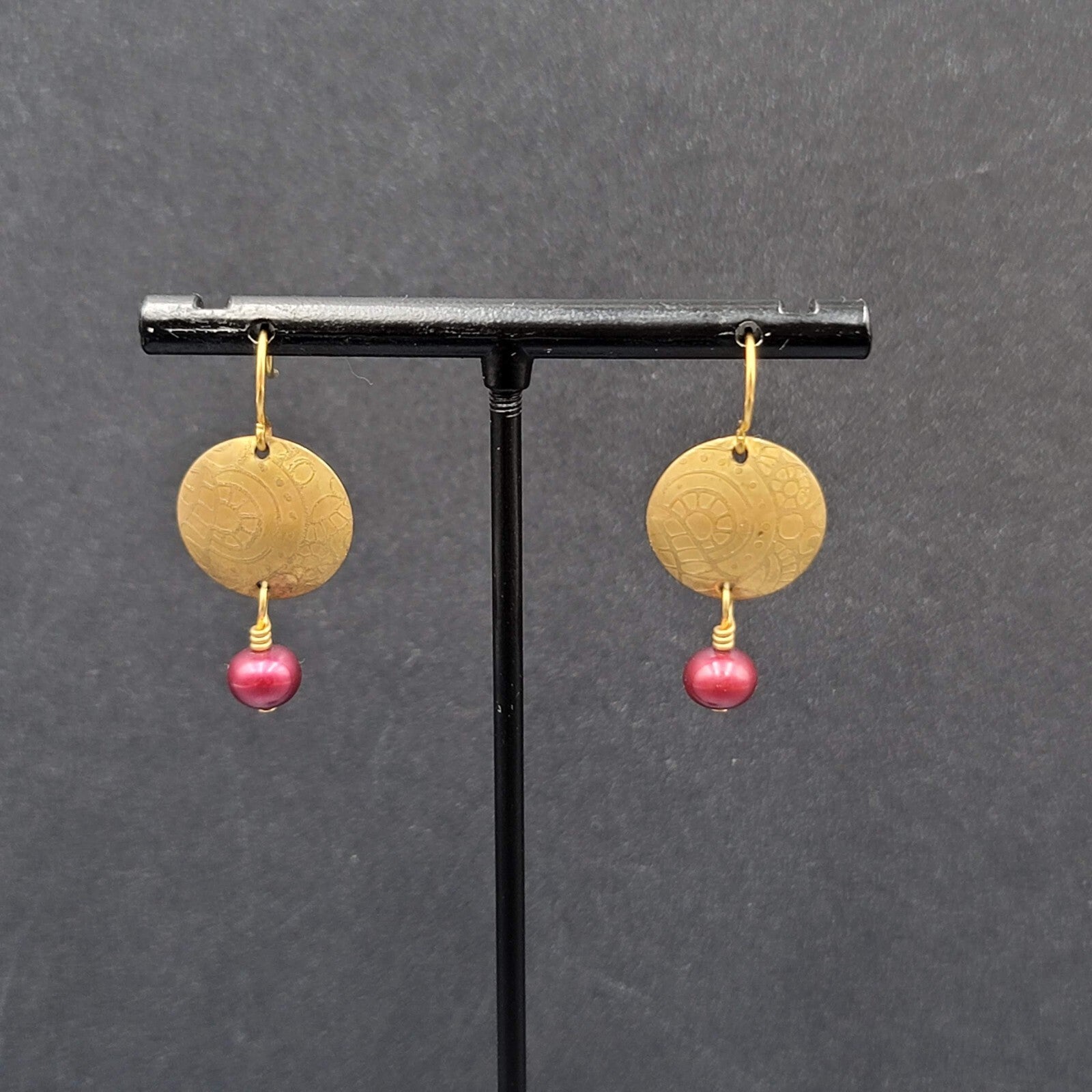 Pierced Earrings Brushed Gold Plated Embossed Disk Red Bead 1"