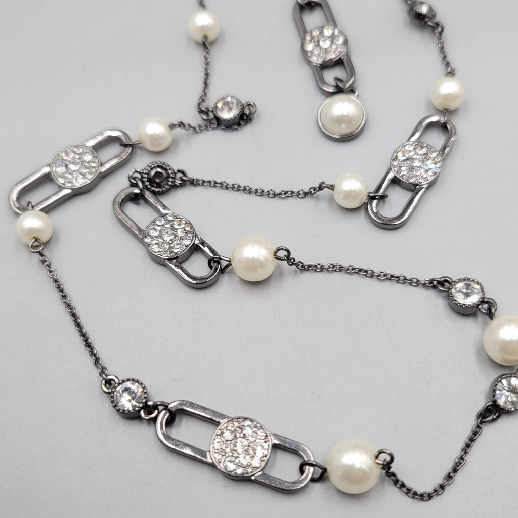 Black Metal Faux Pearl Rhinestone Necklace Convertible Removable Layer 18" & 36"